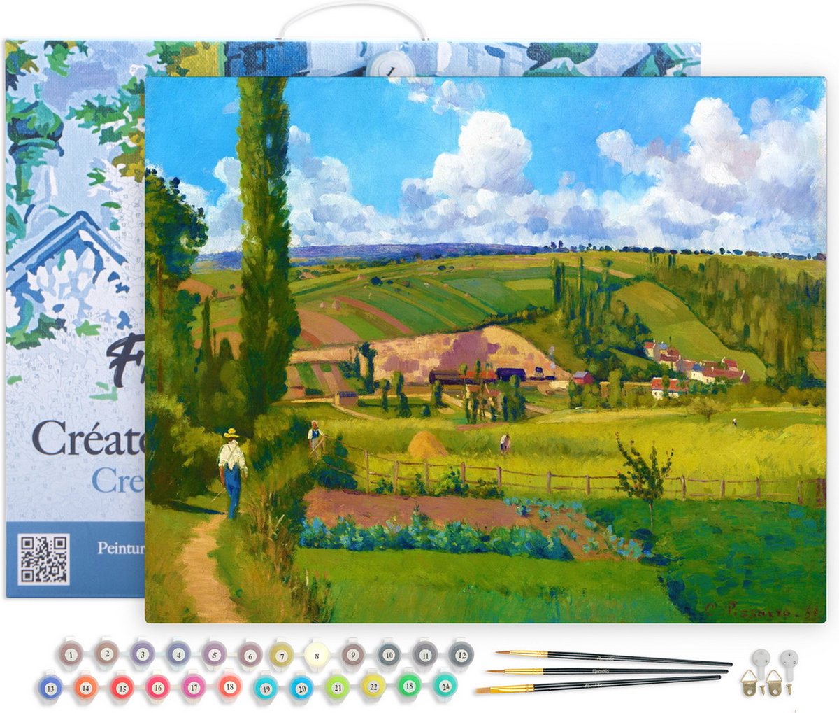 FiguredArt Schilderen op Nummer Volwassenen met lijst - Landschap bij Les Pâtis - Camille Pissarro - Handwerk acrylverf Kit DIY Compleet - 40x50cm Canvas al ingelijst